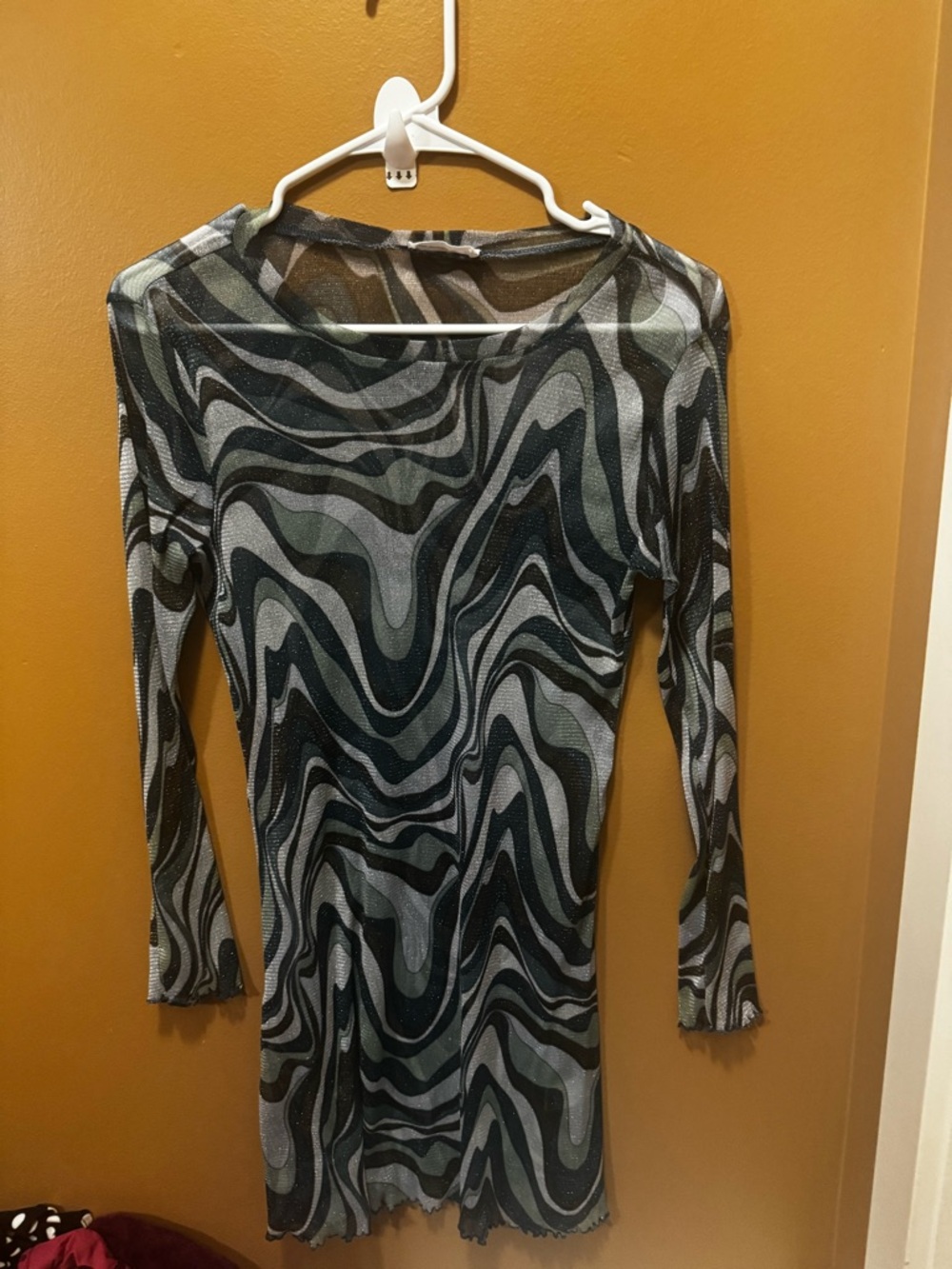 Knitworks Long-Sleeve Sheer Wave-Print Dress in Black and Gray